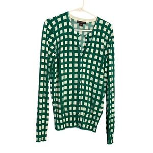 Covington Womens Cardigan Sweater L Green White Grid Print Knit Top